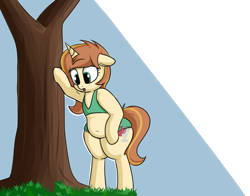 Size: 2800x2200 | Tagged: safe, artist:andelai, oc, oc:celice, semi-anthro, unicorn, belly, belly button, bipedal, bra on pony, chubby, clothes, grass, plump, simple background, solo, sports bra, thick, tired, tree, wide hips