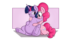 Size: 2560x1440 | Tagged: safe, artist:andelai, pinkie pie, twilight sparkle, earth pony, pony, unicorn, belly, belly button, bellyrubs, cuddling, duo, fat, female, frog (hoof), implied lesbian, implied shipping, implied twinkie, mare, simple background, squishy, transparent background, twilard sparkle, underhoof