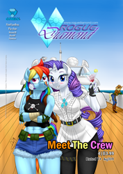 Size: 1200x1697 | Tagged: safe, artist:pia-sama, derpibooru import, applejack, rainbow dash, rarity, anthro, earth pony, pony, comic:rogue diamond, abs, belly button, blushing, cocktail, comic, cover, midriff, muscles, revy dash