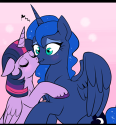 Size: 452x488 | Tagged: safe, artist:lulubell, derpibooru import, princess luna, twilight sparkle, twilight sparkle (alicorn), alicorn, pony, blushing, female, kissing, lesbian, mare, scrunchy face, shipping, twiluna