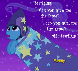 Size: 784x715 | Tagged: safe, edit, edited screencap, screencap, trixie, pony, unicorn, no second prances, discovery family logo, female, helmet, image macro, implied starlight glimmer, lyrics, manticore mouth dive, mare, meme, solo, song reference, text, the supermen lovers, trixie's cannon
