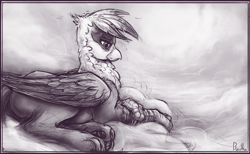 Size: 1680x1033 | Tagged: safe, artist:bantha, derpibooru import, gilda, griffon, cloud, cloudy, grayscale, monochrome, paws, prone, smiling, solo