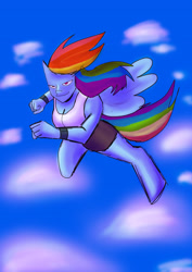 Size: 2480x3507 | Tagged: safe, artist:lukemgh, derpibooru import, rainbow dash, anthro, pegasus, cleavage, clothes, female, flying, multicolored hair, multicolored tail, smiling, wings, wristband