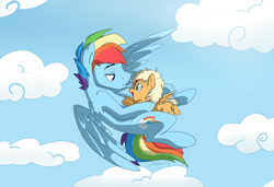 Size: 1990x1361 | Tagged: safe, artist:nolycs, rainbow blitz, rainbow dash, oc, oc:cloud burst, pegasus, pony, blitzabetes, cloud, colored wings, colored wingtips, cute, duo, duo male and female, eye contact, father and child, father and daughter, filly, flying, foal, happy, hug, lidded eyes, lip bite, looking at each other, male, next generation, offspring, open mouth, parent and child, parent:applejack, parent:rainbow blitz, parent:rainbow dash, parents:appleblitz (straight), parents:appledash, pouting, rule 63, rule63betes, sky, smiling, spread wings, stallion, underhoof, wings