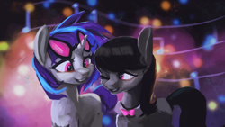 Size: 1920x1080 | Tagged: dead source, safe, artist:hierozaki, dj pon-3, octavia melody, vinyl scratch, earth pony, pony, unicorn, bowtie, duo, female, looking at each other, mare, one eye closed, smiling, sunglasses, wink