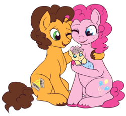 Size: 500x462 | Tagged: safe, artist:lulubell, derpibooru import, cheese sandwich, pinkie pie, oc, oc:party popper, pony, baby, baby pony, cheesepie, cute, family, female, male, next generation, offspring, parent:cheese sandwich, parent:pinkie pie, parents:cheesepie, shipping, simple background, straight, transparent background