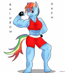 Size: 2818x3179 | Tagged: safe, artist:furrymusclegrowthfan, derpibooru import, rainbow dash, anthro, abs, challenge, clothes, fetish, fit, flex, gloves, muscle fetish, muscles, rainbuff dash, running, sparring, sports bra, sports shorts, teasing