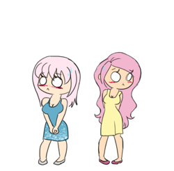 Size: 526x517 | Tagged: safe, artist:estrill, fluttershy, oc, oc:nooby, human, blushing, clothes, dress, humanized