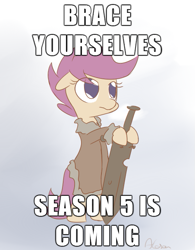 Size: 515x660 | Tagged: safe, artist:alasou, derpibooru import, scootaloo, season 5, a song of ice and fire, brace yourselves, crossover, eddard stark, exploitable, exploitable meme, game of thrones, image macro, meme, ponified, solo, winter is coming