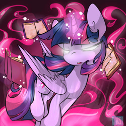 Size: 2800x2800 | Tagged: safe, artist:nekosnicker, derpibooru import, twilight sparkle, twilight sparkle (alicorn), alicorn, pony, book, female, glowing eyes, magic, mare, solo