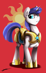 Size: 1600x2500 | Tagged: safe, artist:gasmaskfox, pony, unicorn, armor, cutie mark, horn, red background, royal guard, signature, simple background, solo, sun, two toned mane, two toned tail, white coat