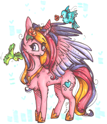 Size: 772x892 | Tagged: safe, artist:tenebristayga, princess cadance, alicorn, bird, pony, chest fluff, flower, flower in hair, fluffy, simple background, solo, spread wings, traditional art, transparent background