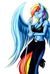 Size: 1280x1868 | Tagged: safe, artist:bludraconoid, derpibooru import, rainbow dash, anthro, unguligrade anthro, abs, belly button, breasts, cleavage, female, microphone, midriff, rainboob dash, simple background, solo, transparent background