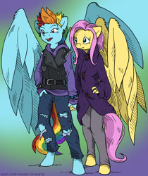 Size: 922x1100 | Tagged: safe, artist:kaemantis, fluttershy, rainbow dash, anthro, unguligrade anthro, belt, bracelet, clothes, collar, duo, hoodie, impossibly large wings, open mouth, pants, signature, torn clothes