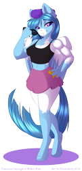 Size: 950x1962 | Tagged: safe, artist:peridotkitty, oc, oc only, oc:wish, anthro, pegasus, unguligrade anthro, cap, clothes, female, grin, hat, hooves, mare, purple eyes, short skirt, skirt, solo, stars, sunglasses, tanktop, wings