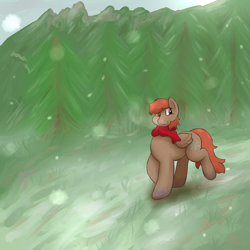 Size: 2500x2500 | Tagged: safe, artist:lupin quill, oc, oc only, oc:winterlight, clothes, cold, forest, mountain, pine tree, questionable source, scarf, snow, solo, tree, winter