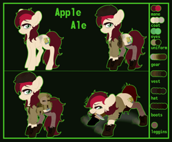 Size: 4000x3296 | Tagged: safe, artist:meowcephei, oc, oc:appleale, earth pony, pony, fallout equestria, blouse, body armor, boots, bulletproof vest, cider, clothes, crush cap, fallout, female, kukri, leg wrapping, mare, military uniform, reference sheet, scavenger, shoes, shorts, solo, two toned mane, wasteland