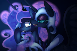 Size: 1200x800 | Tagged: safe, artist:maren, derpibooru import, nightmare moon, princess luna, alicorn, pony, bedroom eyes, crying, duality, female, gritted teeth, holding, inspired, mare, open mouth, scared, smiling, wide eyes