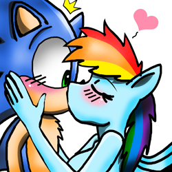 Size: 1417x1417 | Tagged: safe, artist:liamenietowlove, derpibooru import, rainbow dash, anthro, crossover, crossover shipping, female, interspecies, kissing, male, shipping, sonic the hedgehog (series), sonicdash, straight