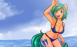 Size: 4500x2776 | Tagged: safe, artist:xwhitedreamsx, oc, oc only, oc:glimmer, anthro, unicorn, absurd resolution, armpits, belly button, big breasts, bikini, breasts, clothes, female, ocean, solo, swimsuit