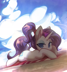 Size: 2001x2170 | Tagged: safe, artist:mirroredsea, rarity, pony, unicorn, beach, cloud, female, looking at you, sand, sky, solo