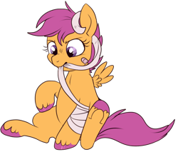 Size: 588x500 | Tagged: safe, artist:lulubell, derpibooru exclusive, derpibooru import, scootaloo, pegasus, pony, bandage, bandaid, colored hooves, female, filly, mouth hold, patch, simple background, sitting, solo, transparent background, underhoof