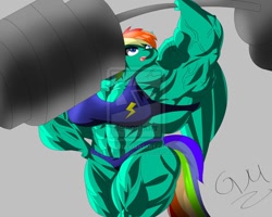 Size: 900x720 | Tagged: safe, artist:gm360, derpibooru import, rainbow dash, anthro, bigorexic, fetish, lifting, muscle fetish, muscles, rainbuff dash, stronk, vein, watermark, weights, workout, workout outfit