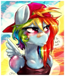 Size: 1599x1866 | Tagged: safe, artist:dimwitdog, derpibooru import, rainbow dash, anthro, pegasus, bandage, clothes, female, hat, portrait, shirt, solo, wings