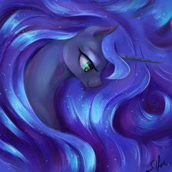 Size: 2000x2000 | Tagged: safe, artist:silfoe, derpibooru import, princess luna, alicorn, pony, bedroom eyes, female, hair, long hair, lunadoodle, mare, smiling, solo