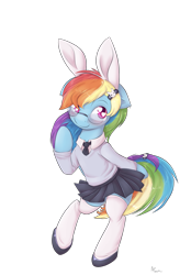 Size: 1325x1900 | Tagged: safe, artist:alasou, derpibooru import, rainbow dash, pegasus, pony, semi-anthro, bipedal, bunny ears, clothes, female, glasses, mare, necktie, rainbow dash always dresses in style, signature, simple background, skirt, socks, solo, sweater, transparent background, wingless