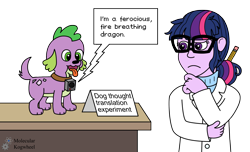 Size: 2152x1308 | Tagged: safe, artist:mkogwheel, derpibooru import, sci-twi, spike, spike the regular dog, twilight sparkle, dog, equestria girls, rainbow rocks, :3, :c, collar, frown, open mouth, paws, pencil, raised eyebrow, simple background, spike's dog collar, tongue out, transparent background, up