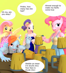 Size: 1500x1654 | Tagged: source needed, useless source url, safe, artist:nobody25445, derpibooru import, fluttershy, rainbow dash, rarity, anthro, 3d, drunk, drunker dash