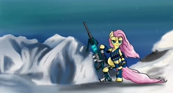 Size: 1916x1036 | Tagged: safe, artist:greyscaleart, derpibooru import, fluttershy, pegasus, pony, armor, female, flutterbadass, gun, hooves, looking at you, mare, open mouth, optical sight, rifle, smiling, smug, sniper rifle, solo, weapon