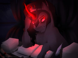 Size: 2000x1500 | Tagged: safe, artist:evehly, derpibooru import, king sombra, pony, unicorn, book, glowing horn, night