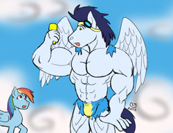 Size: 990x765 | Tagged: safe, artist:caseyljones, derpibooru import, rainbow dash, soarin', anthro, bare chest, clothes, muscles, ripped, soaripped, topless
