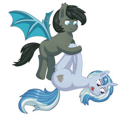 Size: 1405x1331 | Tagged: safe, artist:aviakio, oc, oc only, oc:avi, oc:seachell, bat pony, pony, unicorn