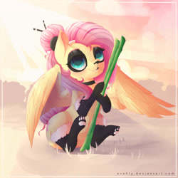 Size: 2000x2000 | Tagged: safe, artist:evehly, derpibooru import, fluttershy, panda, pegasus, pony, alternate hairstyle, bamboo, clothes, costume, sitting, solo