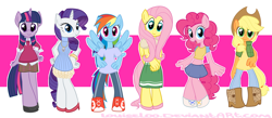 Size: 4600x2000 | Tagged: safe, artist:looji, derpibooru import, applejack, fluttershy, pinkie pie, rainbow dash, rarity, twilight sparkle, anthro, earth pony, pony, clothes, dress, mane six, midriff, short shirt, skirt