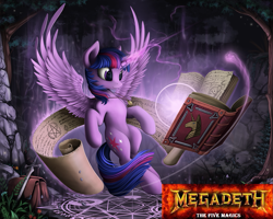 Size: 1279x1023 | Tagged: safe, artist:yakovlev-vad, derpibooru import, edit, twilight sparkle, twilight sparkle (alicorn), alicorn, pony, book, hexagram, levitation, magic, magic circle, megadeth, metal, pendant, pentagram, ritual, saddle bag, scroll, solo, sword