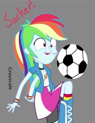 Size: 572x738 | Tagged: safe, artist:greyscaleart, derpibooru import, part of a series, part of a set, rainbow dash, human, equestria girls, derp, flanderization, football, silly human, solo