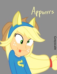 Size: 572x738 | Tagged: safe, artist:greyscaleart, derpibooru import, part of a series, part of a set, applejack, pony, equestria girls, derp, flanderization, silly, silly human, solo, tongue out, who's a silly human