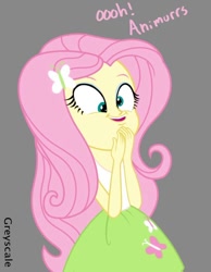 Size: 572x738 | Tagged: safe, artist:greyscaleart, derpibooru import, part of a series, part of a set, fluttershy, equestria girls, animal, derp, flanderization, silly human, solo