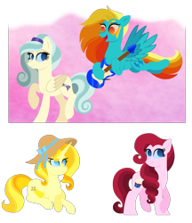 Size: 1397x1620 | Tagged: safe, artist:carouselunique, oc, oc only, oc:lightning bug, oc:morning glory, oc:rosetta velvet pie, oc:sparkling dawn, magical lesbian spawn, next generation, offspring, parent:lightning dust, parent:pinkie pie, parent:prince blueblood, parent:rainbow dash, parent:rarity, parent:thunderlane, parents:rainbowdust, parents:rarilane, parents:raripie, parents:sunblood