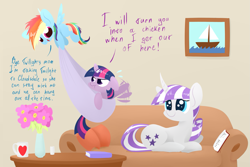 Size: 1769x1181 | Tagged: safe, artist:underpable, derpibooru import, rainbow dash, twilight sparkle, twilight velvet, pegasus, pony, unicorn, alternate universe, book, carrying, cute, dashabetes, female, filly, filly rainbow dash, filly twilight sparkle, flying, mare, twiabetes, underpable is trying to murder us, velvetbetes