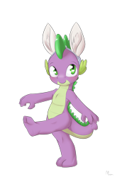 Size: 1375x2000 | Tagged: safe, artist:alasou, derpibooru import, spike, dragon, baby, baby dragon, bunny ears, cute, green eyes, male, marching, simple background, solo, spikabetes, spikey wikey, walking