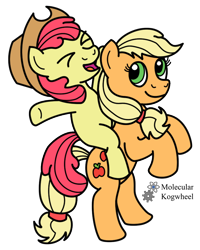 Size: 690x861 | Tagged: safe, artist:mkogwheel, derpibooru import, apple bloom, applejack, earth pony, pony, applejack's hat, hat, ponies riding ponies, simple background, sisters, transparent background