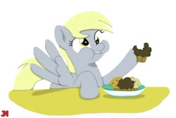 Size: 720x485 | Tagged: safe, artist:ljdamz1119, derpy hooves, pegasus, pony, no second prances, eating, female, food, mare, monochrome, muffin, smiling, solo