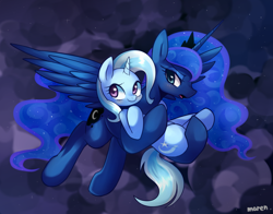 Size: 2800x2200 | Tagged: safe, artist:maren, derpibooru import, princess luna, trixie, alicorn, pony, unicorn, blushing, bridal carry, carrying, cloud, cloudy, female, flying, lesbian, luxie, mare, night, shipping, storm