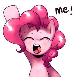 Size: 2000x2000 | Tagged: safe, artist:maren, derpibooru import, pinkie pie, earth pony, pony, armpits, bipedal, cute, diapinkes, eyes closed, fourth wall, hungry, licking lips, open mouth, raised hoof, solo, tongue out