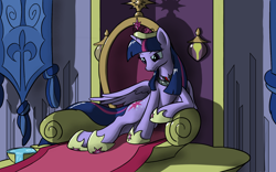 Size: 1920x1200 | Tagged: safe, artist:nadnerbd, derpibooru import, twilight sparkle, twilight sparkle (alicorn), alicorn, pony, alicorn amulet, female, immortality blues, mare, solo, throne, tyrant sparkle